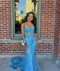 Trumpet/Mermaid Scoop Neck Tulle Sweep Train Prom Dresses With Beading