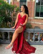 Trumpet/Mermaid V-neck Sequined Sweep Train Prom Dresses With Flower(s)