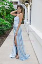 Trumpet/Mermaid Sweetheart Silk-like Satin Sweep Train Prom Dresses With Appliques Lace