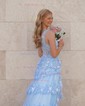 Ball Gown/Princess One Shoulder Tulle Sweep Train Prom Dresses With Appliques Lace