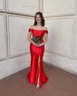 Corset Red Satin Trumpet/Mermaid Ruched Split Prom Dresses