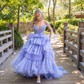 A-line Off-the-shoulder Tulle Glitter Sweep Train Prom Dresses With Appliques Lace