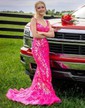 Trumpet/Mermaid Off-the-shoulder Tulle Sweep Train Prom Dresses With Appliques Lace