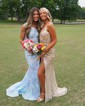 Trumpet/Mermaid One Shoulder Sequined Sweep Train Prom Dresses With Appliques Lace