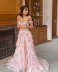 Ball Gown/Princess Off-the-shoulder Tulle Sweep Train Prom Dresses With Appliques Lace