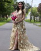 Ball Gown/Princess Off-the-shoulder Tulle Sweep Train Prom Dresses With Appliques Lace