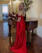 Elegant Red Satin Sheath/Column Appliques Ruched Prom Dresses