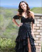 Sheath/Column Off-the-shoulder Tulle Sweep Train Prom Dresses With Appliques Lace