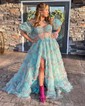 Ball Gown/Princess Off-the-shoulder Tulle Sweep Train Prom Dresses With Sashes / Ribbons