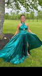 A-line Halter Metallic Floor-length Prom Dresses With Ruched