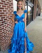 A-line V-neck Silk-like Satin Asymmetrical Prom Dresses With Split Front