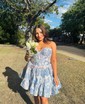 Corset Sky Blue Satin Skater Ruffle Homecoming Dresses