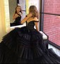 A-line Off-the-shoulder Tulle Glitter Sweep Train Prom Dresses With Appliques Lace