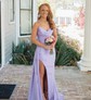 Sheath/Column V-neck Silk-like Satin Sweep Train Prom Dresses With Split Front