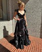 A-line V-neck Silk-like Satin Asymmetrical Prom Dresses With Split Front