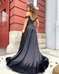 Modest Black Satin A-line Appliques Beaded Prom Dresses