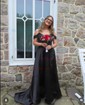 Modest Black Satin A-line Appliques Beaded Prom Dresses