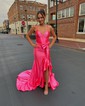 Modest Sheath/Column Satin V-neck Bow Ruffle Prom Dresses