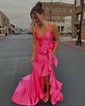 Modest Sheath/Column Satin V-neck Bow Ruffle Prom Dresses