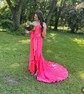 Unique Sheath/Column Satin Ruffle Split Prom Dresses