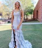 Glitter Trumpet/Mermaid Satin Tiered Ruffle Beaded Prom Dresses