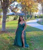 A-line Cowl Neck Silk-like Satin Sweep Train Split Front Prom Dresses