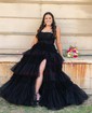 Ball Gown/Princess Straight Tulle Glitter Sweep Train Prom Dresses With Tiered