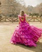 Ball Gown/Princess V-neck Glitter Sweep Train Prom Dresses With Tiered