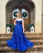 Ball Gown/Princess Scoop Neck Lace Tulle Sweep Train Prom Dresses With Beading