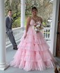 Ball Gown/Princess V-neck Tulle Floor-length Prom Dresses With Beading