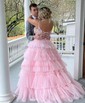 Ball Gown/Princess V-neck Tulle Floor-length Prom Dresses With Beading