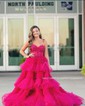 Ball Gown/Princess Sweetheart Tulle Glitter Sweep Train Prom Dresses With Appliques Lace