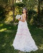 Ball Gown/Princess V-neck Tulle Sweep Train Prom Dresses With Appliques Lace