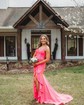 Modest Sheath/Column Satin V-neck Bow Ruffle Prom Dresses