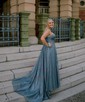 A-line Cowl Neck Glitter Sweep Train Prom Dresses With Ruched