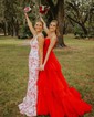 Ball Gown/Princess V-neck Tulle Glitter Sweep Train Prom Dresses With Tiered