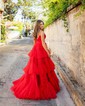 Ball Gown/Princess V-neck Tulle Glitter Sweep Train Prom Dresses With Tiered