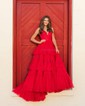 Ball Gown/Princess V-neck Tulle Glitter Sweep Train Prom Dresses With Tiered