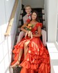 A-line V-neck Silk-like Satin Sweep Train Prom Dresses With Ruffles