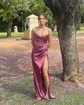 Sheath/Column Cowl Neck Silk-like Satin Floor-length Prom Dresses With Ruched