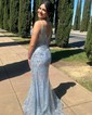 Trumpet/Mermaid V-neck Tulle Sweep Train Prom Dresses With Sequins