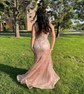 Trumpet/Mermaid V-neck Tulle Sweep Train Prom Dresses With Sequins