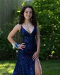 Trumpet/Mermaid V-neck Sequined Sweep Train Prom Dresses With Beading