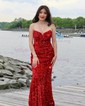 Trumpet/Mermaid V-neck Velvet Sequins Sweep Train Prom Dresses