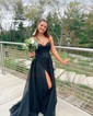 A-line Cowl Neck Glitter Sweep Train Prom Dresses With Pockets