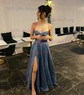 A-line Cowl Neck Glitter Sweep Train Prom Dresses With Pockets