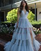 Ball Gown/Princess V-neck Tulle Glitter Sweep Train Prom Dresses With Tiered