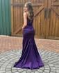 Trumpet/Mermaid V-neck Silk-like Satin Sweep Train Prom Dresses With Appliques Lace