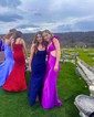 Trumpet/Mermaid Off-the-shoulder Silk-like Satin Sweep Train Prom Dresses With Flower(s)