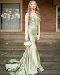 Elegant Trumpet/Mermaid Satin Appliques Prom Dresses